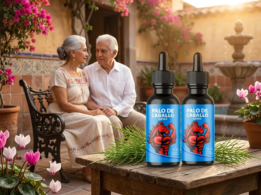 Pareja mexicana de adultos mayores sentada en un patio con fuente y flores, junto a dos frascos de Palo de Caballo Gotas