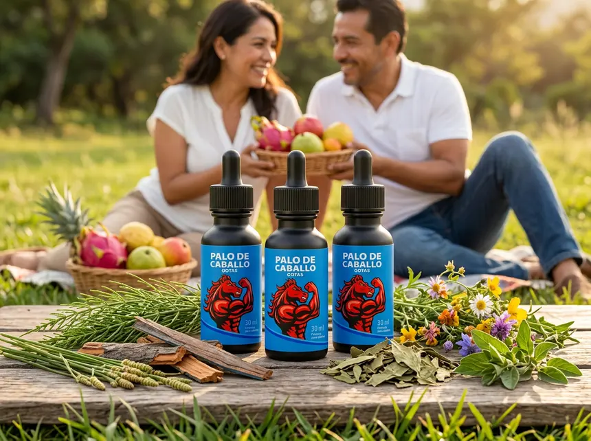 Tres frascos de Palo de Caballo Gotas sobre una mesa de madera con frutas y hierbas, y una pareja sonriente en un picnic al aire libre