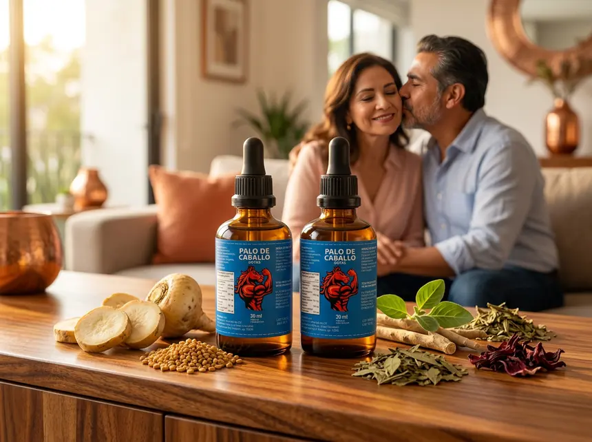 Dos frascos de Palo de Caballo Gotas de 30 ml junto a raíz de maca y hierbas, con una pareja abrazada en la sala de su casa